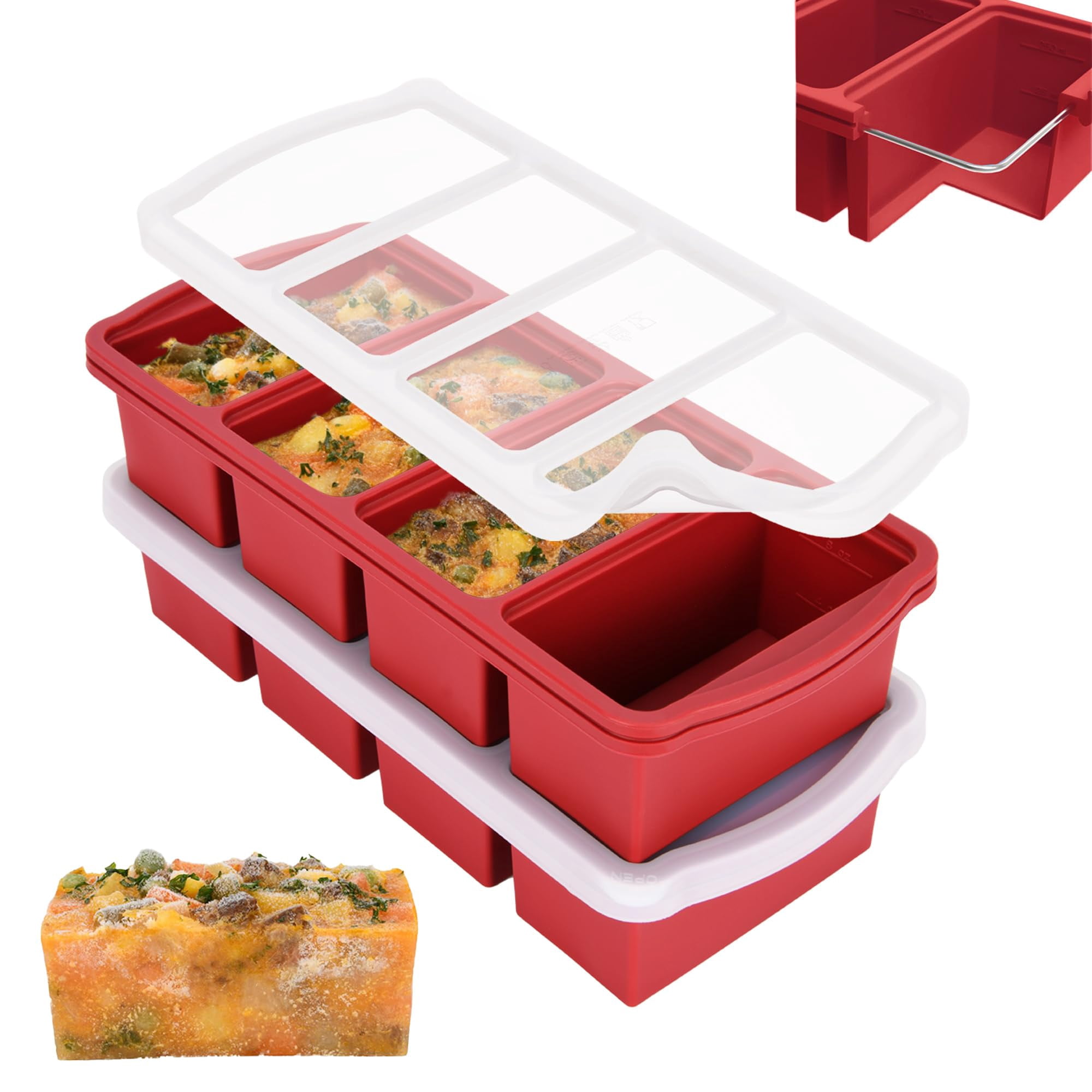 Silicone Freezer Trays With Lid 1-cup Soup Container Large Ice Cube Molds Reinforced Steel Ring Top For Freezing Sauce Broth Leftovers Oven Dishwasher -safe(2-pack)
