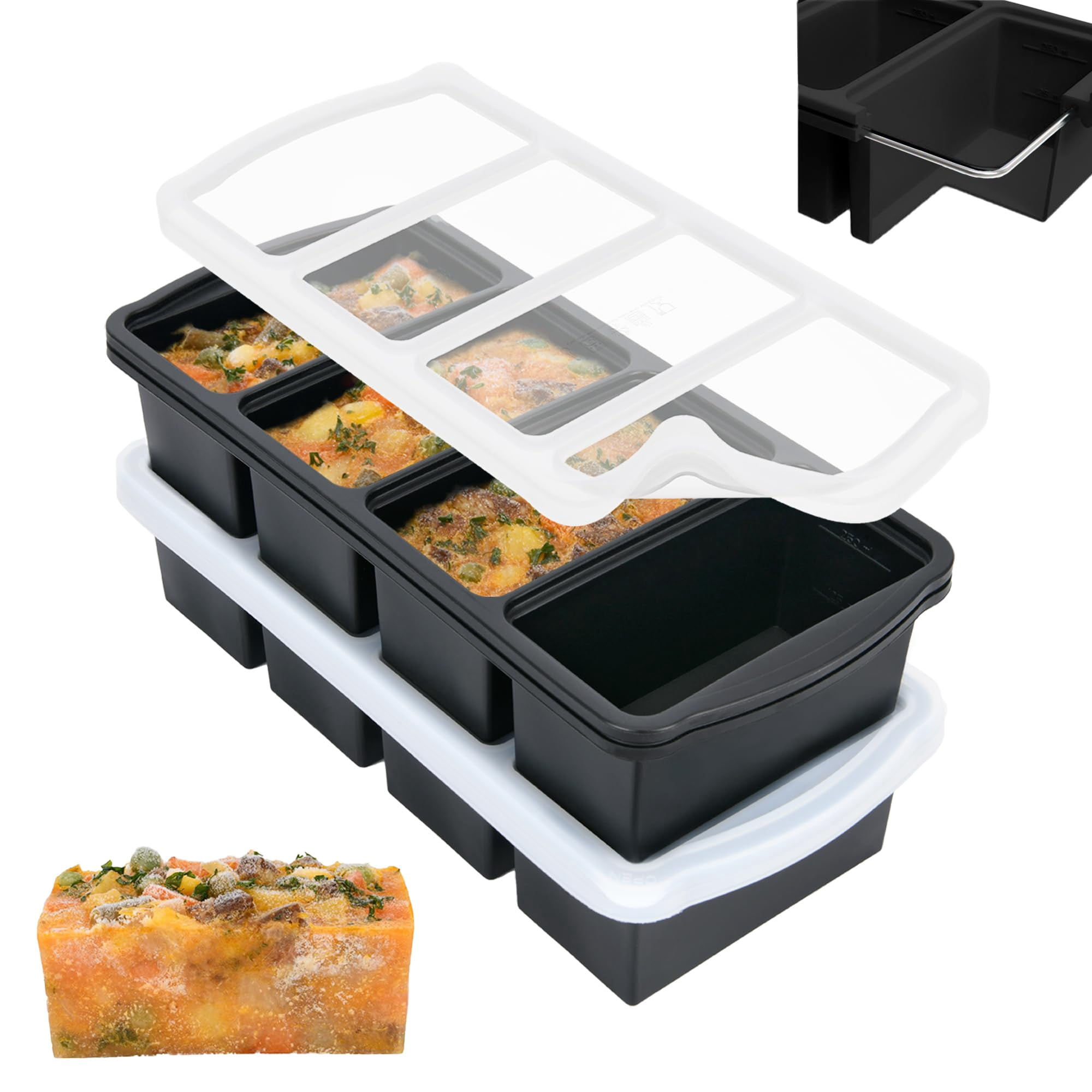 Silicone Freezer Trays With Lid 1-cup Soup Container Large Ice Cube Molds Reinforced Steel Ring Top For Freezing Sauce Broth Leftovers Oven Dishwasher -safe(2-pack)