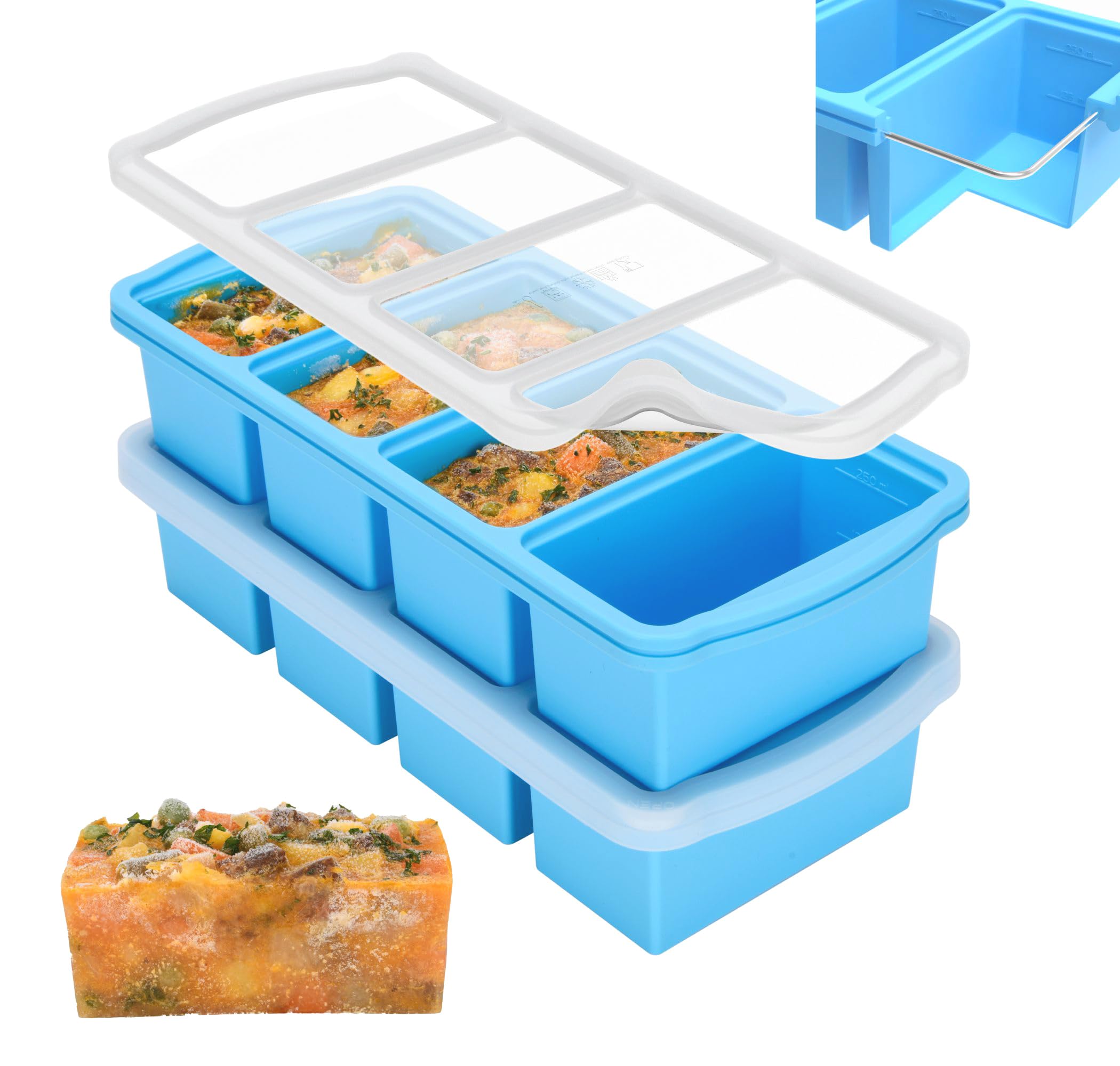 Silicone Freezer Trays With Lid 1-cup Soup Container Large Ice Cube Molds Reinforced Steel Ring Top For Freezing Sauce Broth Leftovers Oven Dishwasher -safe(2-pack)