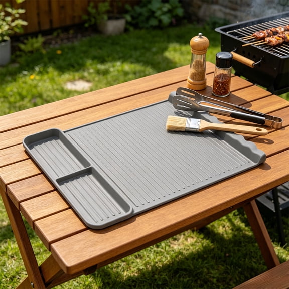 Silicone Grill Mat 16x11.5In, Non Stick Reusable BBQ Tool Mat With Drip Tray, Heat Resistant Griddle Pad Accessories for Outdoor Cooking, Kitchen Countertop and Camping, Fathers Day Gifts