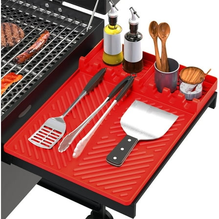 Silicone Grill Mat, ANUNU Griddle Tools Mat for Blackstone, Spatula Grill Mat with Drip Pad for Kitchen, Cooking, Countertop, BBQ Caddy Utensils Holder Griddle Accessories for Blackstone（red））