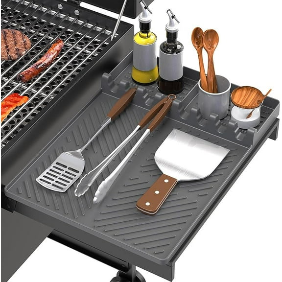 Silicone Grill Mat Compatible with Blackstone, Silicone Griddle Tools Mat with Drip Pad, Spatula Mat for Outdoor Grill Kitchen Counter (Grey)