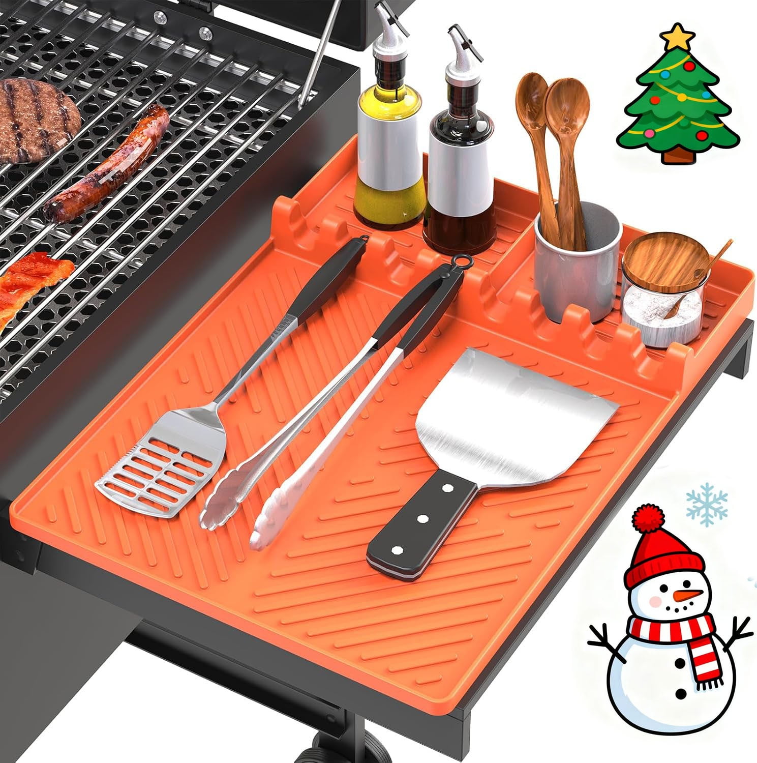 ANUNU Silicone Grill Mat, 16x11.5 BBQ Utensils Holder with 8 Slots, Durable Silicone Griddle Tools Mat