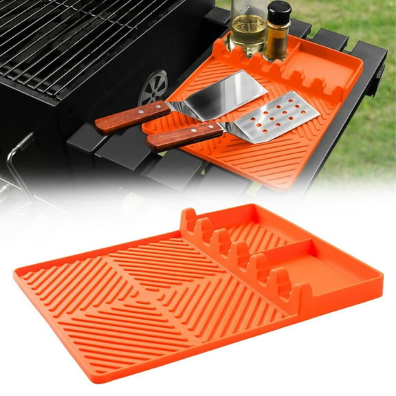 Silicone Grill Mat Set with Spatula Drip Pad BBQ Accessories Countertop Protector Outdoor Griddle Tool Organizer Caddy,Grill Mat,BBQ Spatula,1PC,Orange