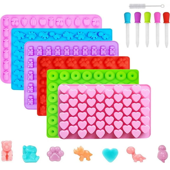 Silicone Gummy Molds, Non-stick Candy Chocolate Molds with 5 Droppers 1 Clean Brush, Set of 6