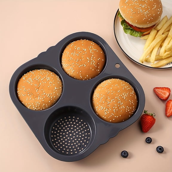 Silicone Hamburger Bun Mold, 4-Hole Round Hamburger Baking Tray for Mini Cakes, Bread Rolls & Burger Buns, Non-Stick & Reusable
