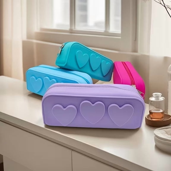 Silicone Heart-Shaped Makeup Organizer Bag  Durable Travel Cosmetic Pouch for Women & Girls
