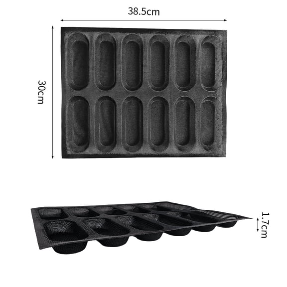 Silicone Hot Dog Bun Mold Mini Silicone Baguette Mould Non-Stick Baking Form Mini Sandwich Baking Molds Silicone Perforated Baking Forms(12Loaf,Black)