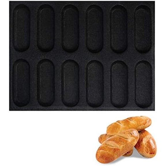 Silicone Hot Dog Bun Mold Mini Silicone Baguette Mould Non-Stick Baking Form Mini Sandwich Baking Molds Silicone Perforated Baking Forms(12Loaf,Black)