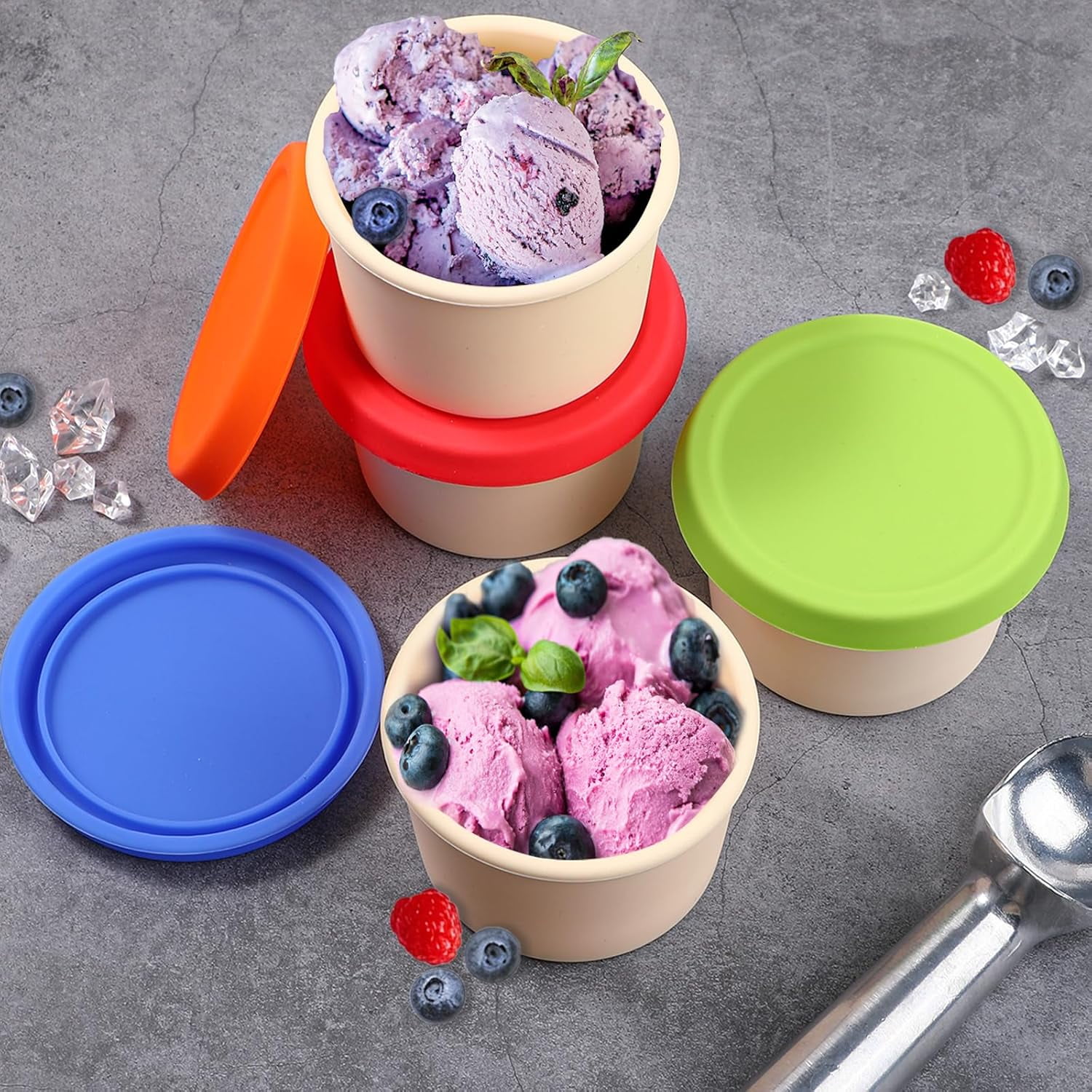 Silicone Ice Cream Containers with Lids, Reusable Freezer Storage