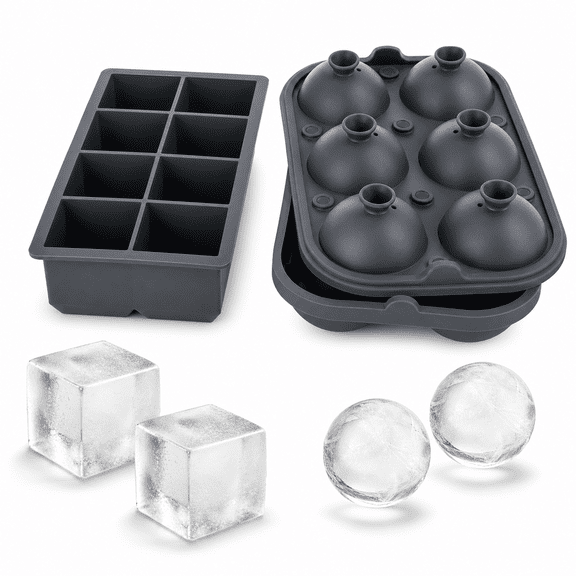 Silicone Ice Cube Mold & Sphere Tray, Charcoal, 8 Cube + 6 Sphere