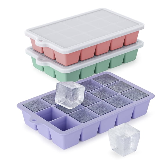 Silicone Ice Cube Tray 3 Pack - EASY RELEASE ice cube tray with lid, BPA Free Ice Cubes Trays for Freezer,ice cube mold for Cocktail,Whiskey (Purple+Pink+Mint)