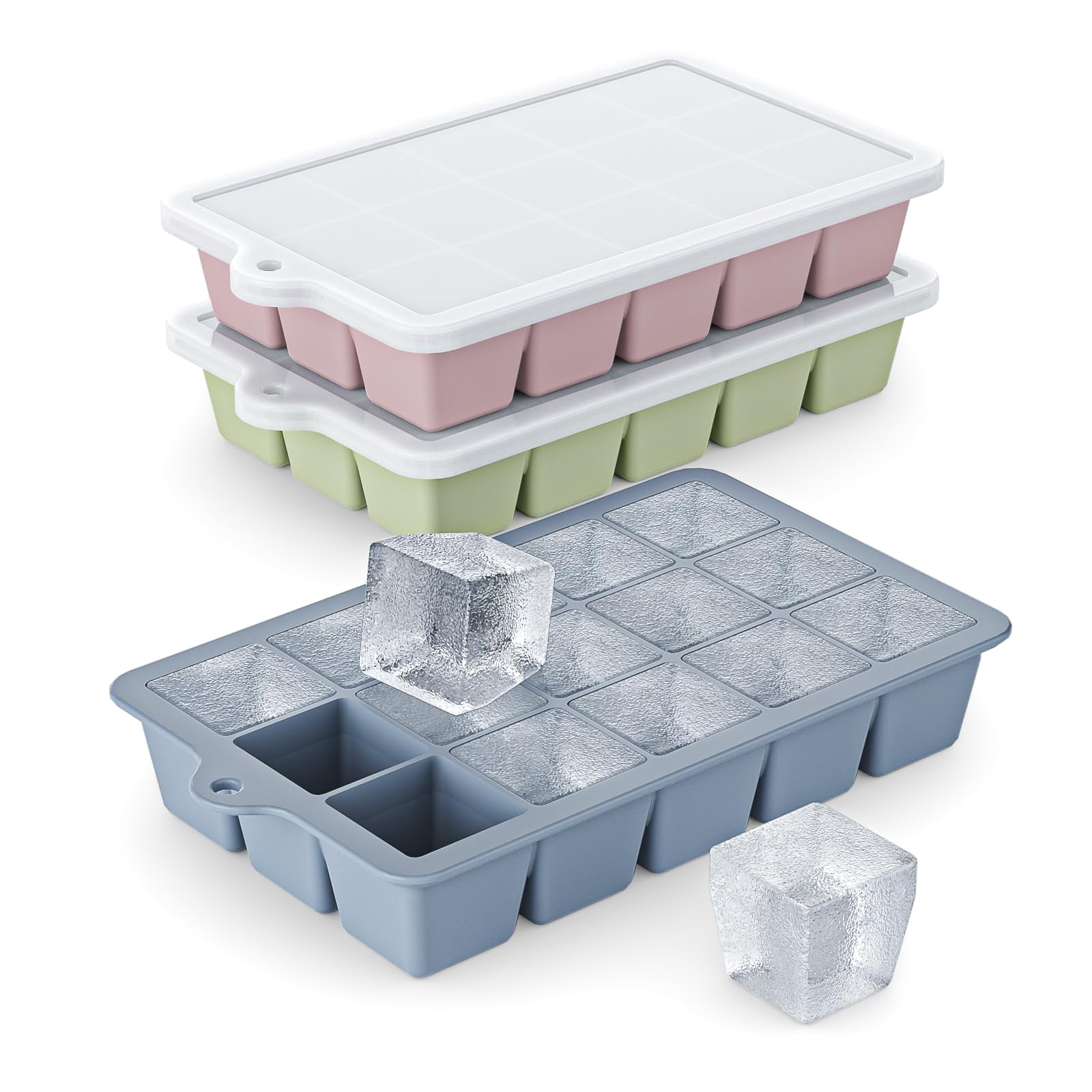 Silicone Ice Cube Tray 3 Pack - Easy Release With Lid  Bpa Free Cubes Trays For Freezer Mold Cocktail (blue+pink+green)