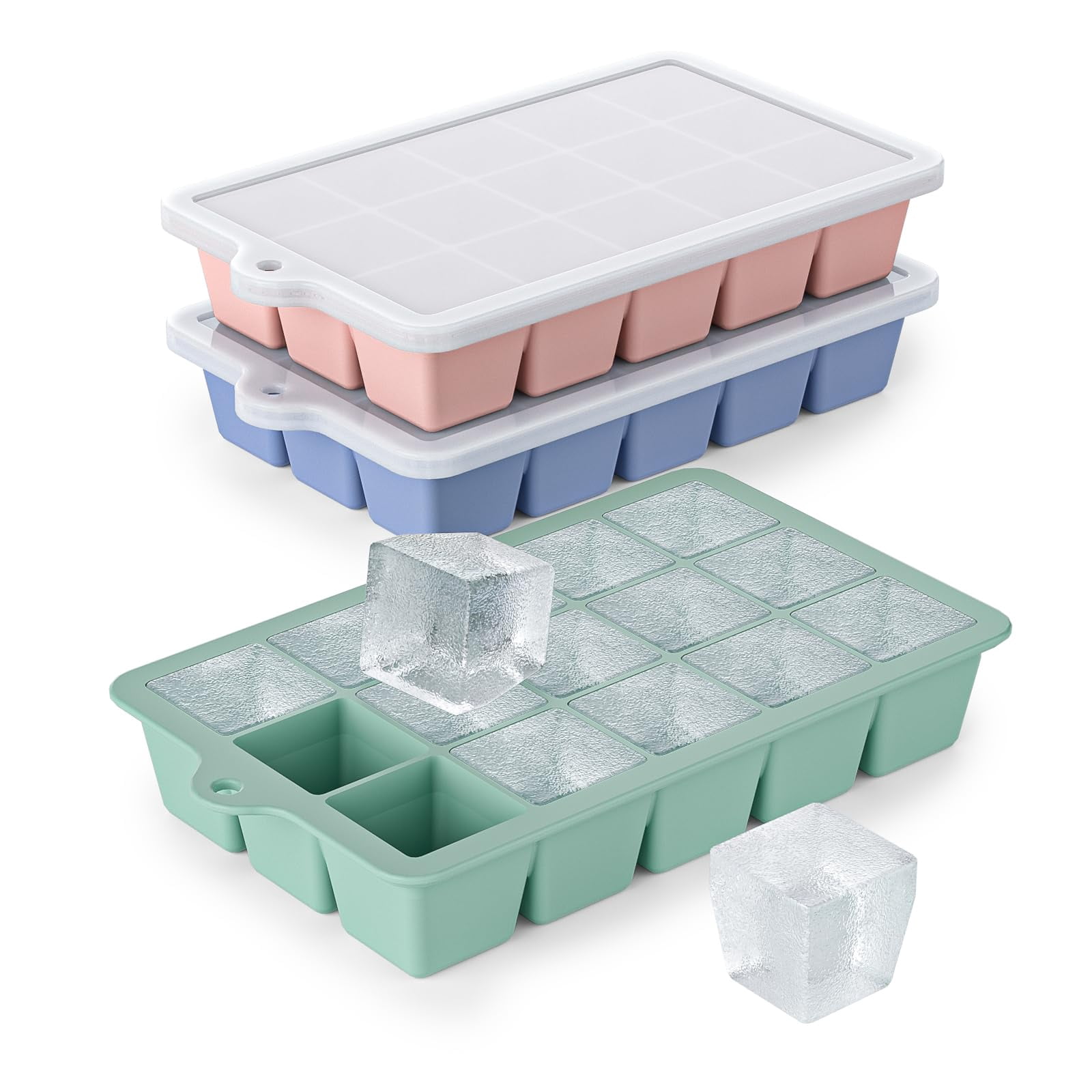 Silicone Ice Cube Tray 3 Pack - Easy Release With Lid  Bpa Free Cubes Trays For Freezer Mold Cocktail (mint+pink+blue)