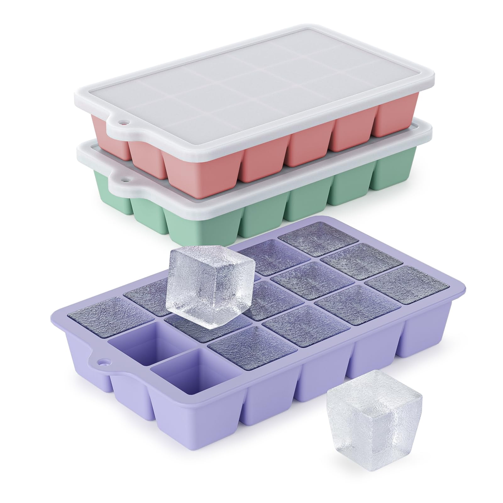 Silicone Ice Cube Tray 3 Pack - Easy Release With Lid  Bpa Free Cubes Trays For Freezer Mold Cocktail (purple +pink+mint)