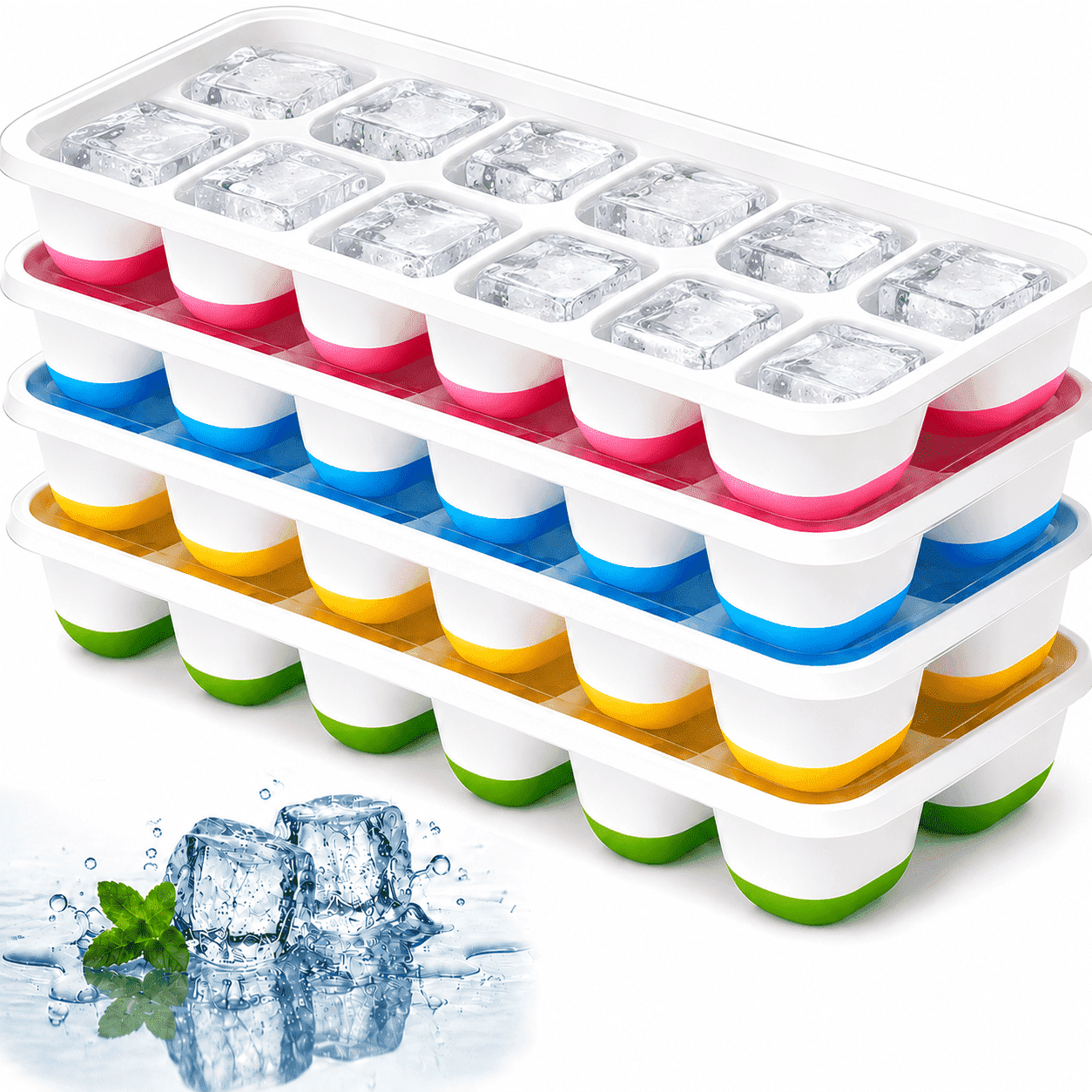NIUTA Ice Cube Tray with Lids, 4-Pack Stackable Freezer Trays with Easy-Release Silicone Bottoms, BPA-Free Ice Molds for Cocktails, Coffee, Kitchen and RV