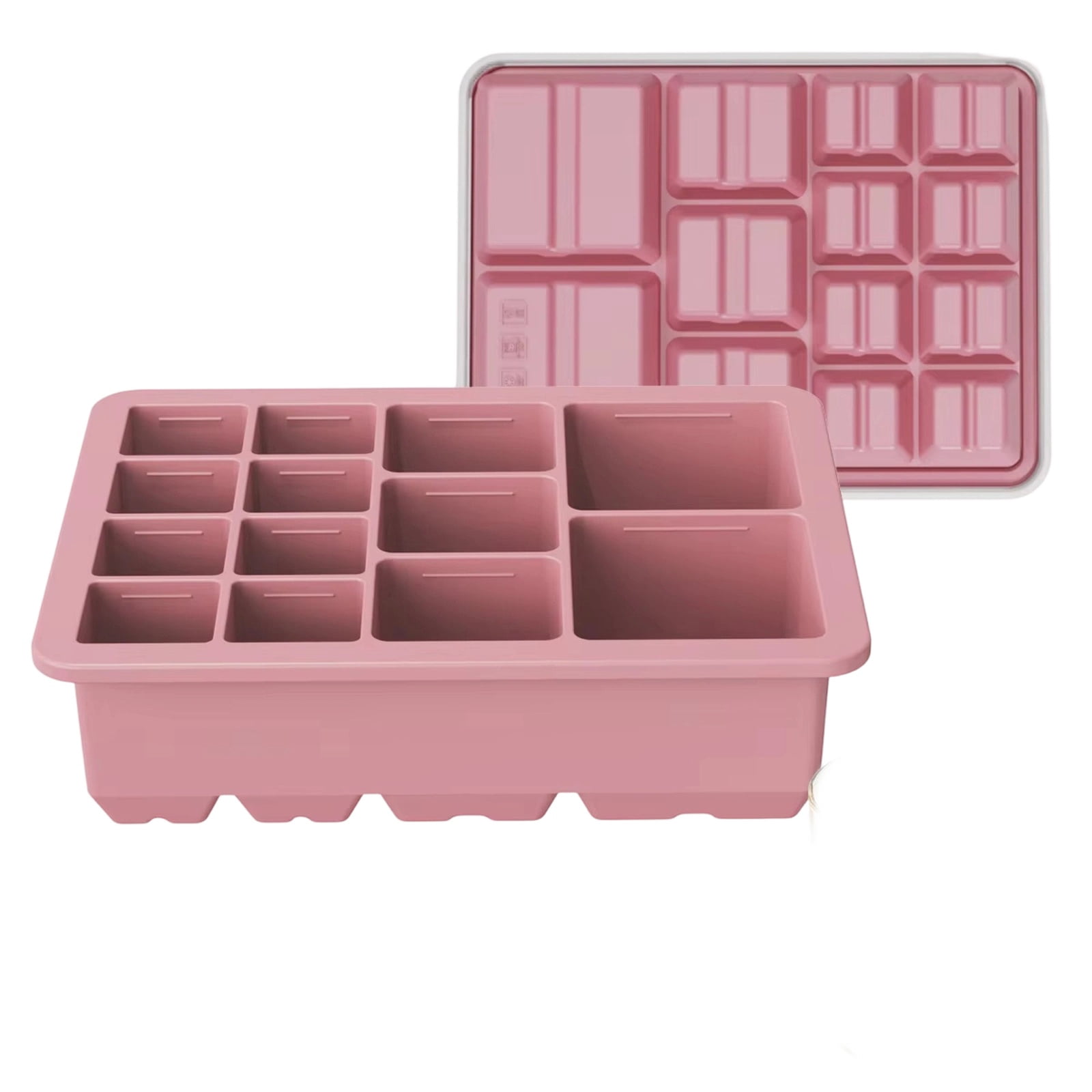 Silicone Ice Cube Tray, Food Grade Easy Release, 13 Cavity Multi-size Pink, for Homemade Drinks Cocktail Whiskey