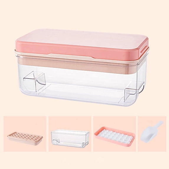 Silicone Ice Cube Tray Freezer with Lid and Bin, Ice Cube Mold, 32 Grids Press Type Ice Cube Maker Easy to Release, Ice Bin with Scoop Container