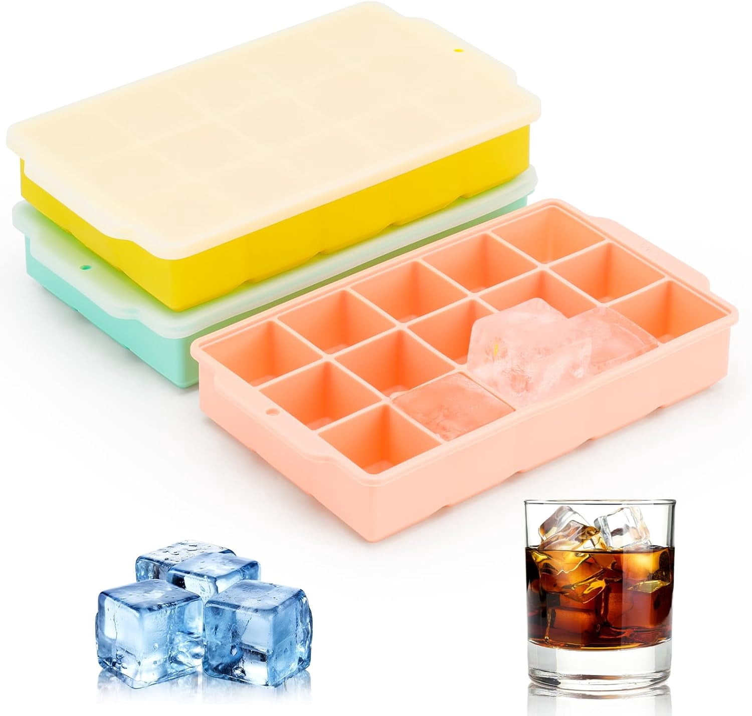 3-Pack Silicone Ice Cube Trays with Lids – 45 Cubes, Easy-Release, Leakproof – BPA-Free – Multicolor – 9.44"L x 8.26"W x 1.57"H