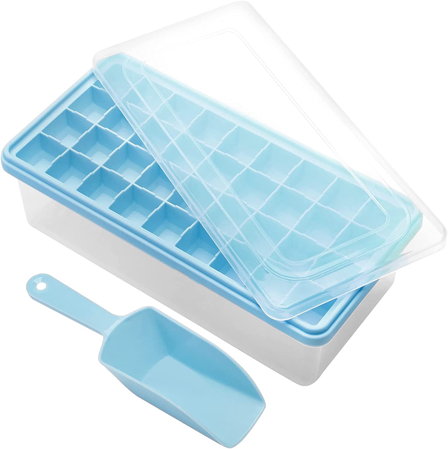 Silicone Ice Cube Tray with Leak-Proof Lid & Storage Bin for Freezer – BPA-Free 36-Piece Nugget Ice Molds, Spill-Resistant Cover & Ice Scoop Container Cover Blue
