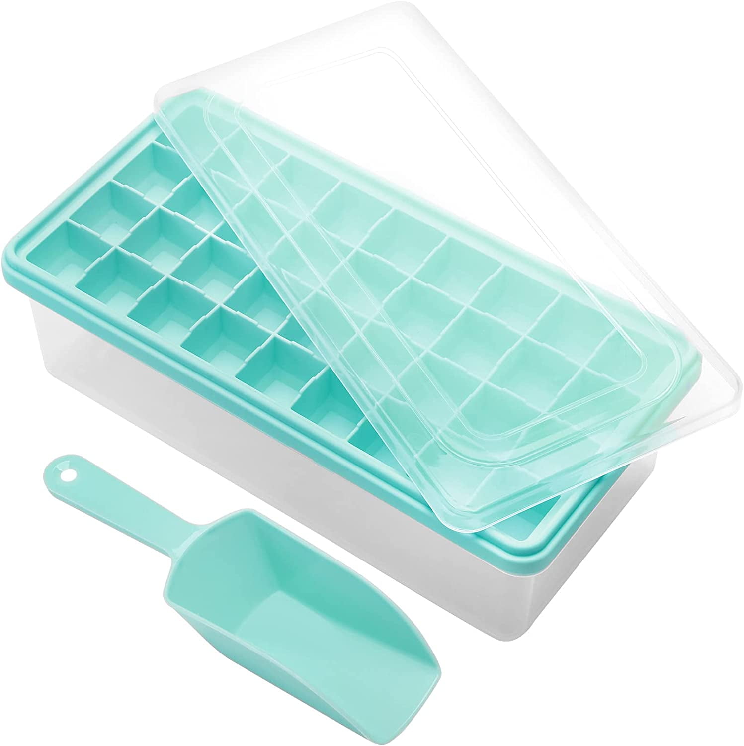 Silicone Ice Cube Tray with Leak-Proof Lid & Storage Bin for Freezer – BPA-Free 36-Piece Nugget Ice Molds, Spill-Resistant Cover & Ice Scoop Container Cover Green