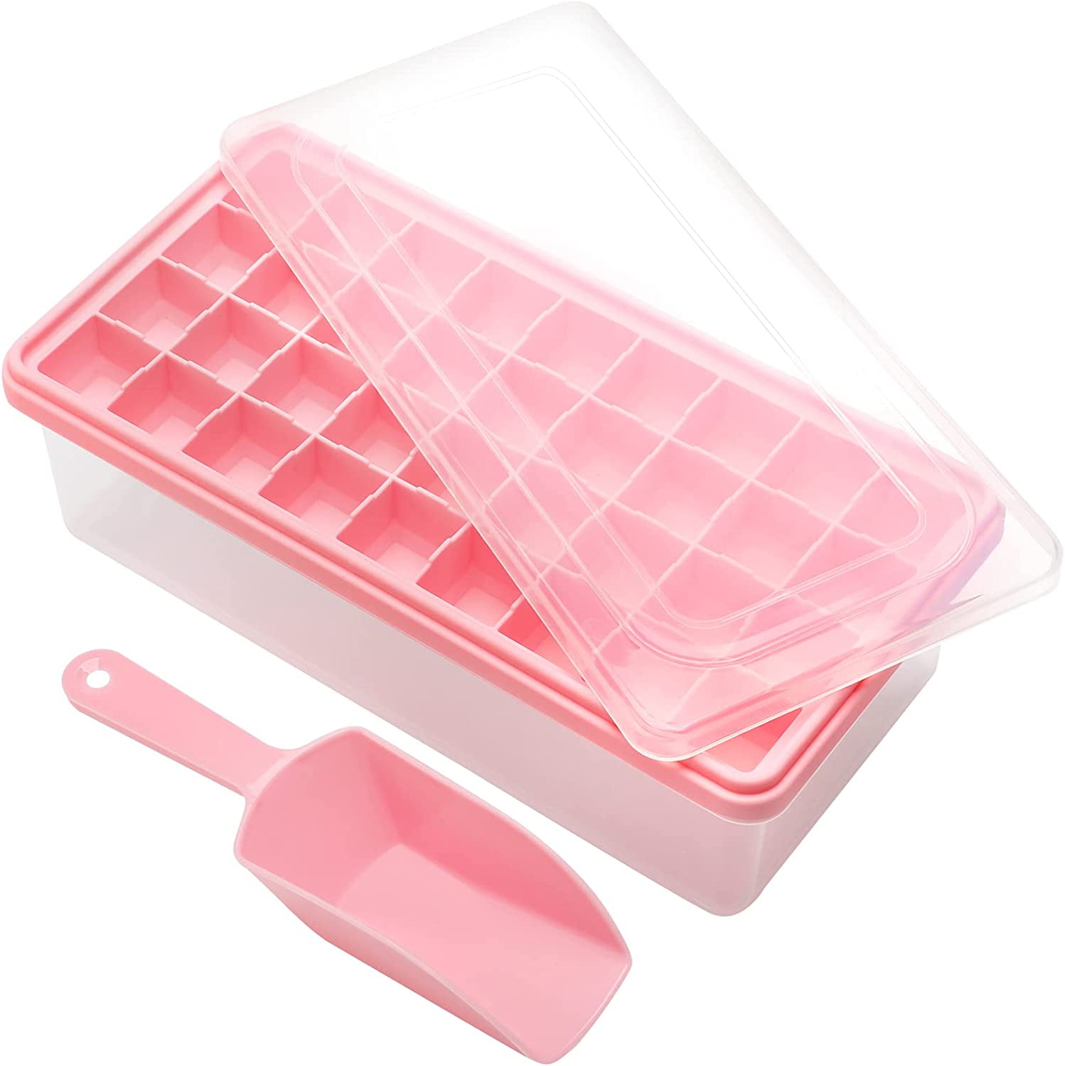 Silicone Ice Cube Tray with Leak-Proof Lid & Storage Bin for Freezer – BPA-Free 36-Piece Nugget Ice Molds, Spill-Resistant Cover & Ice Scoop Container Cover Pink