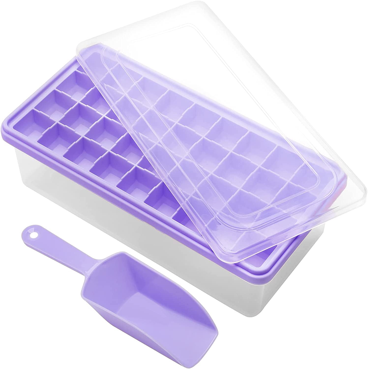 Silicone Ice Cube Tray with Leak-Proof Lid & Storage Bin for Freezer – BPA-Free 36-Piece Nugget Ice Molds, Spill-Resistant Cover & Ice Scoop Container Cover Violet