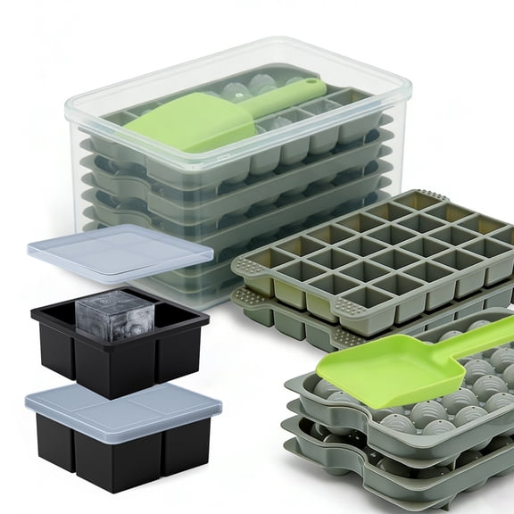 Silicone Ice Cube Tray Set with Container & Scoop – 6 Trays Total– Stackable for Whiskey, Cocktail & Daily Drinks