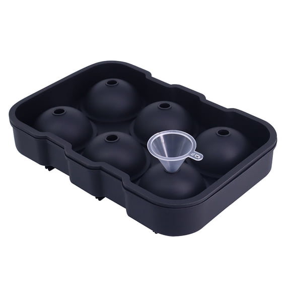 Silicone Ice Cube Tray with Lid, 6-Cavity Sphere Ice Mold, Black (Includes Funnel)