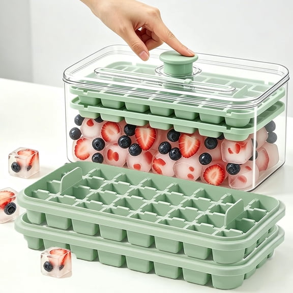 Silicone Ice Cube Tray with Lid, Press-Release Freezer Mold, Storage Bin Included