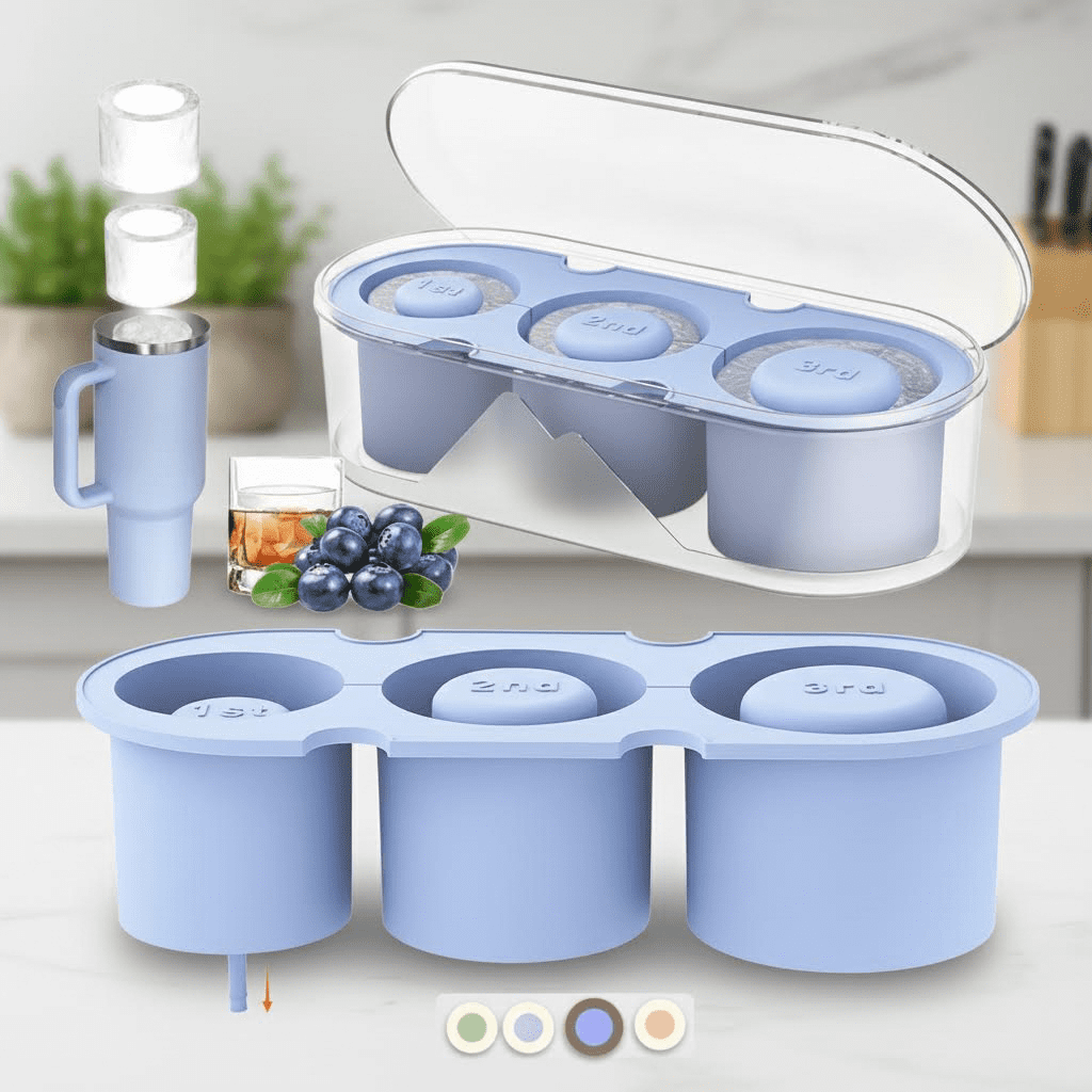 Silicone Ice Cube Tray with Lid and Bin for 30-40 Oz Tumblers - Easy Fill, Fast Release Ice Molds for Freezer, Whiskey, Cocktails, and Drinks (Blue)