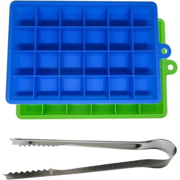 Silicone Ice Cube Tray with Stainless Steel Tongs – Large Square Ice Mold for Cocktails – Stackable, BPA-Free & Odor-Resistant - 2 Pack
