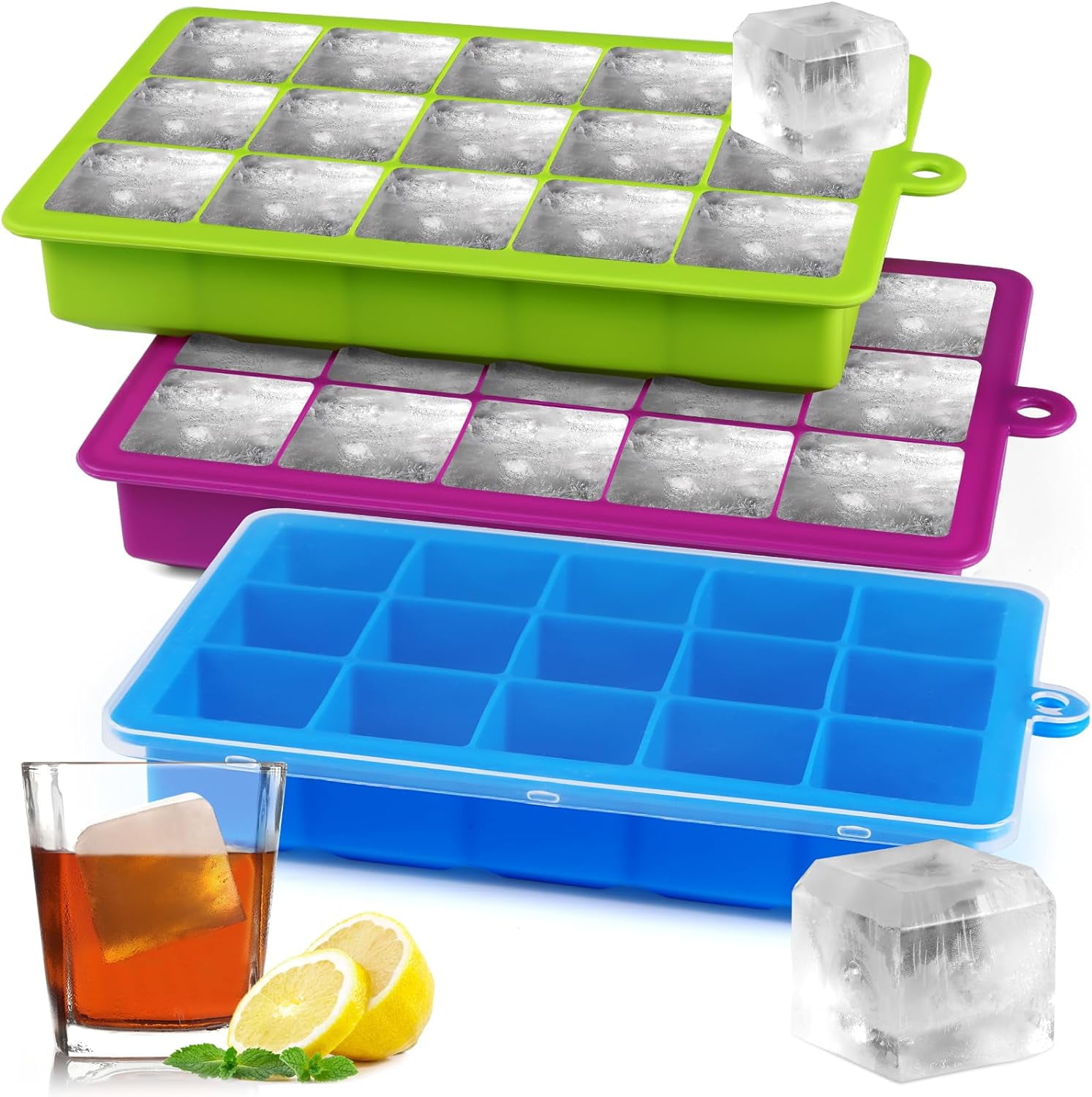 Silicone Ice Cube Trays,15 Square Ice Cube Tray with Lid,3 Pack Ice Cube Molds Set,Ice Molds Silicone,Ice Cube Maker,Large Ice Trays for Freezer Containers for Whiskey,Reusable & BPA Free (3 Colors)