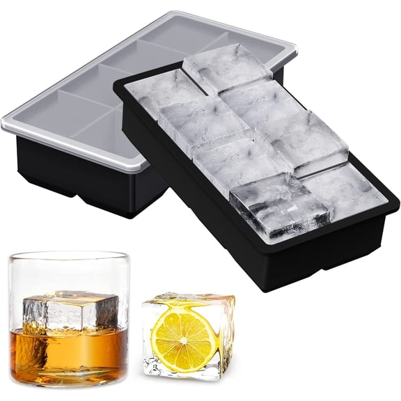 Silicone Ice Cube Trays, 2 Pack 2in Large Square Ice Cube Molds with Lids,Food Grade, Flexible & Easy Release Big Ice Tray for Freezer, BPA Free, Suit Cocktail, Whiskey,Juice, Baby Food-Black