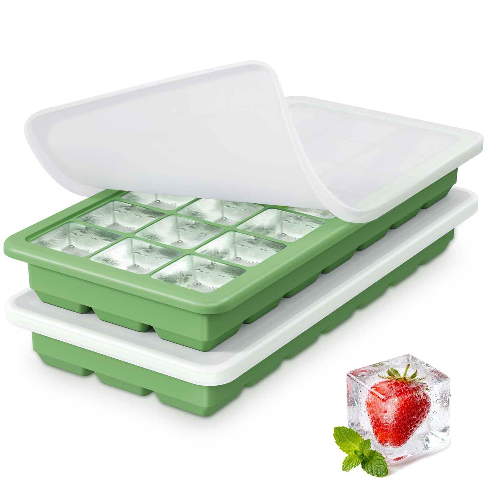 Silicone Ice Cube Trays 3packs  Easy Release Molds With Lid Freezer Stackable Maker For Food Bpa Free (2 Green)