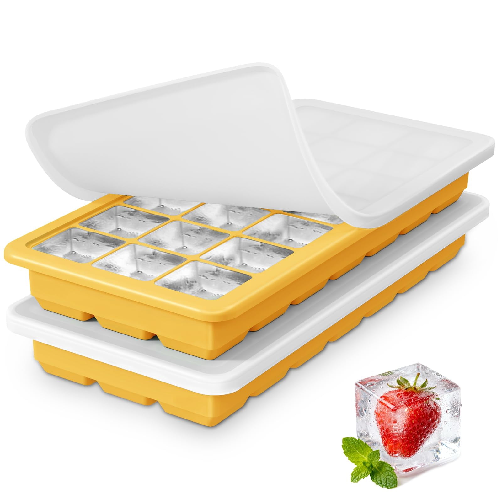 Silicone Ice Cube Trays 3packs  Easy Release Molds With Lid Freezer Stackable Maker For Food Bpa Free (2 Yellow)