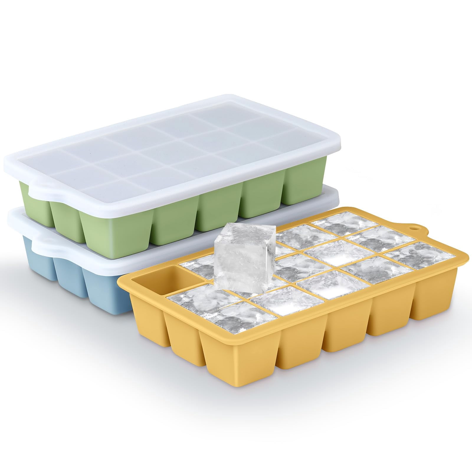 Silicone Ice Cube Trays 3packs  Easy Release Molds With Lid Freezer Stackable Maker For Food Bpa Free (3 Blue+green+yellow)
