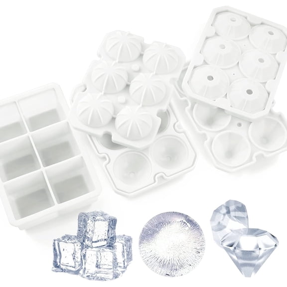 Silicone Ice Cube Trays Square Sphere Diamond Shape 3 Pack, White