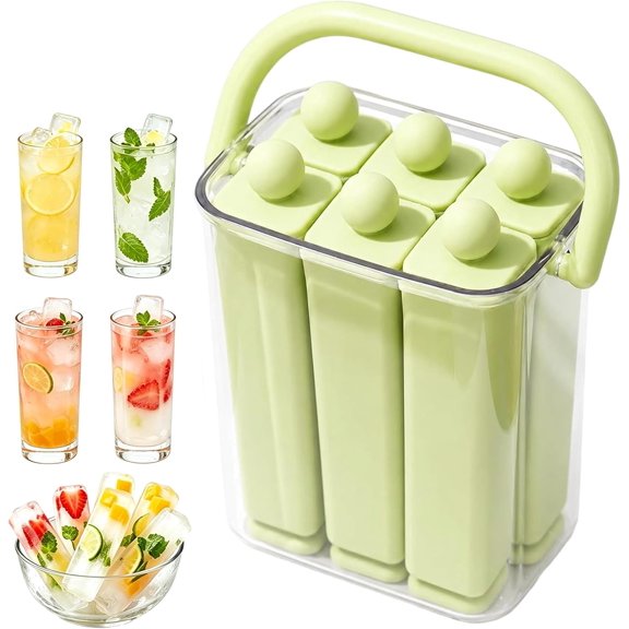 Silicone Ice Stick Tray with Storage Caddy, 6/12 Cavity Reusable Narrow Ice Cube Tray with Lid & Handle, Easy Release Long Cube Stick Maker for Office & Home Kitchen (1PC-Green-S)
