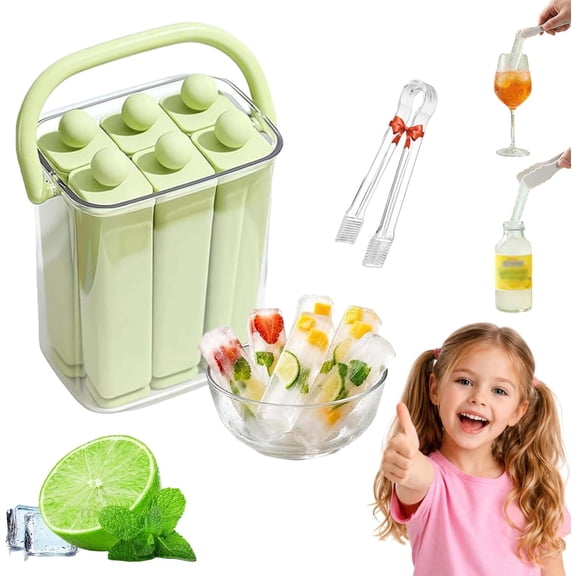 Silicone Ice Stick Tray with Storage Caddy, 6/12 Sticks Silicone Ice Stick Tray, Reusable Ice Stick Mold with Lid, Easy Release Ice Cube Tray for Sports Bottles & Drinks (Green-6 Sticks)