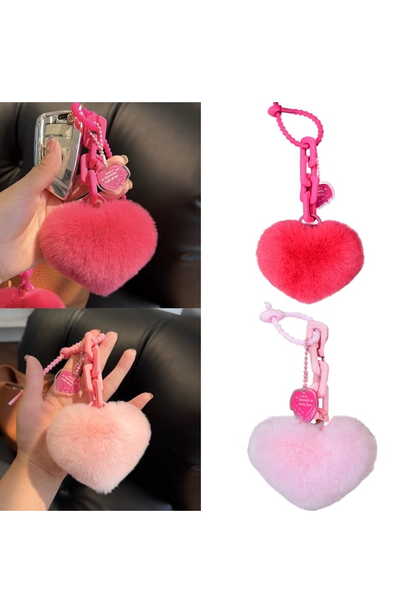 Silicone Imitation Rabbit Heart Chain Keychain - 3.94in (10cm) Exquisite Couple Pendant for Backpacks & Bags, Soft ry Texture, Cute Heart Design, Perfect for Daily Use & Romantic Gifting, Pink