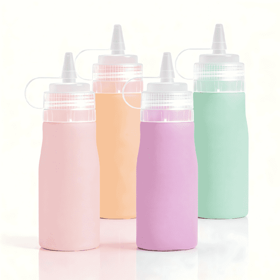Micebay 16 oz Silicone Condiment Squeeze Bottles, Leak Proof, BPA Free, with Interchangeable Lids, Set of 4 for Oil, Honey, Dressing, Pink