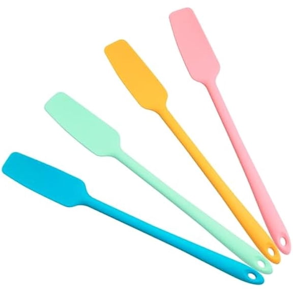 Silicone Jar Spatulas 4 Pack | Long Handle Heat Resistant 600°F Non-Stick Scrapers | for Mason Jars, Baking, Cake Icing, Jam, Blenders | Small Kitchen Utensils | 4 colors