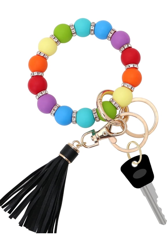 Silicone Key Ring Bracelet for Women, Elastic Beaded Wristlet Keychain Key Holder with Zircon & Tassel