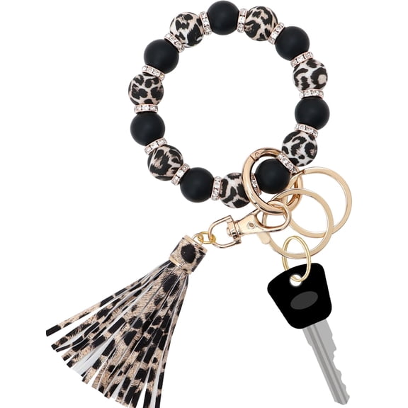 Silicone Key Ring Bracelet for Women, Elastic Beaded Wristlet Keychain Key Holder with Zircon & Tassel