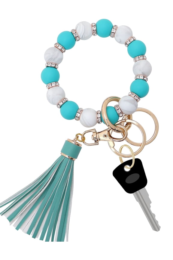 Silicone Key Ring Bracelet for Women, Elastic Beaded Wristlet Keychain Key Holder with Zircon & Tassel