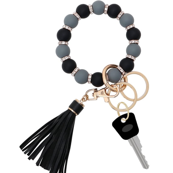 Silicone Key Ring Bracelet for Women, Elastic Beaded Wristlet Keychain Key Holder with Zircon & Tassel