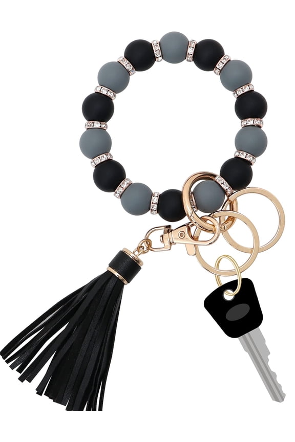 Silicone Key Ring Bracelet for Women, Elastic Beaded Wristlet Keychain Key Holder with Zircon & Tassel