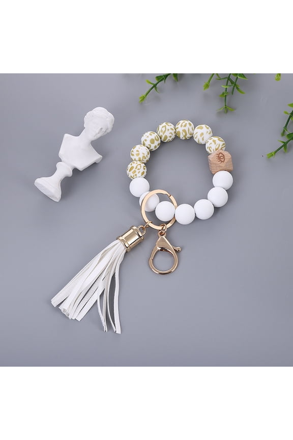 Silicone Keychain Beaded Wristlet Key Ring Bracelet Beaded Keychain With Leather Tassel for Women - Stylish Accessories for Everyday Use and Gifting
