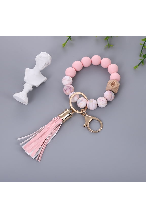Silicone Keychain Beaded Wristlet Key Ring Bracelet With Tassel For Women